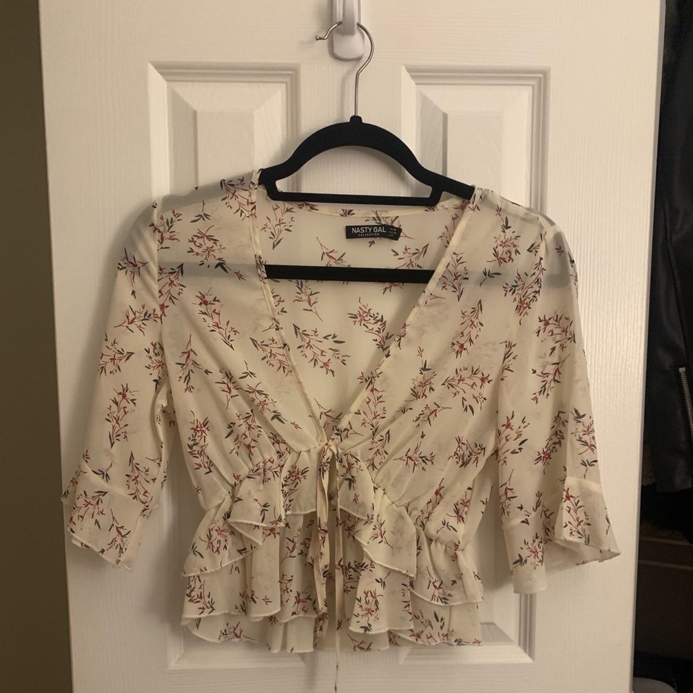 Nasty Gal Floral Sheer Tie Front Crop Blouse